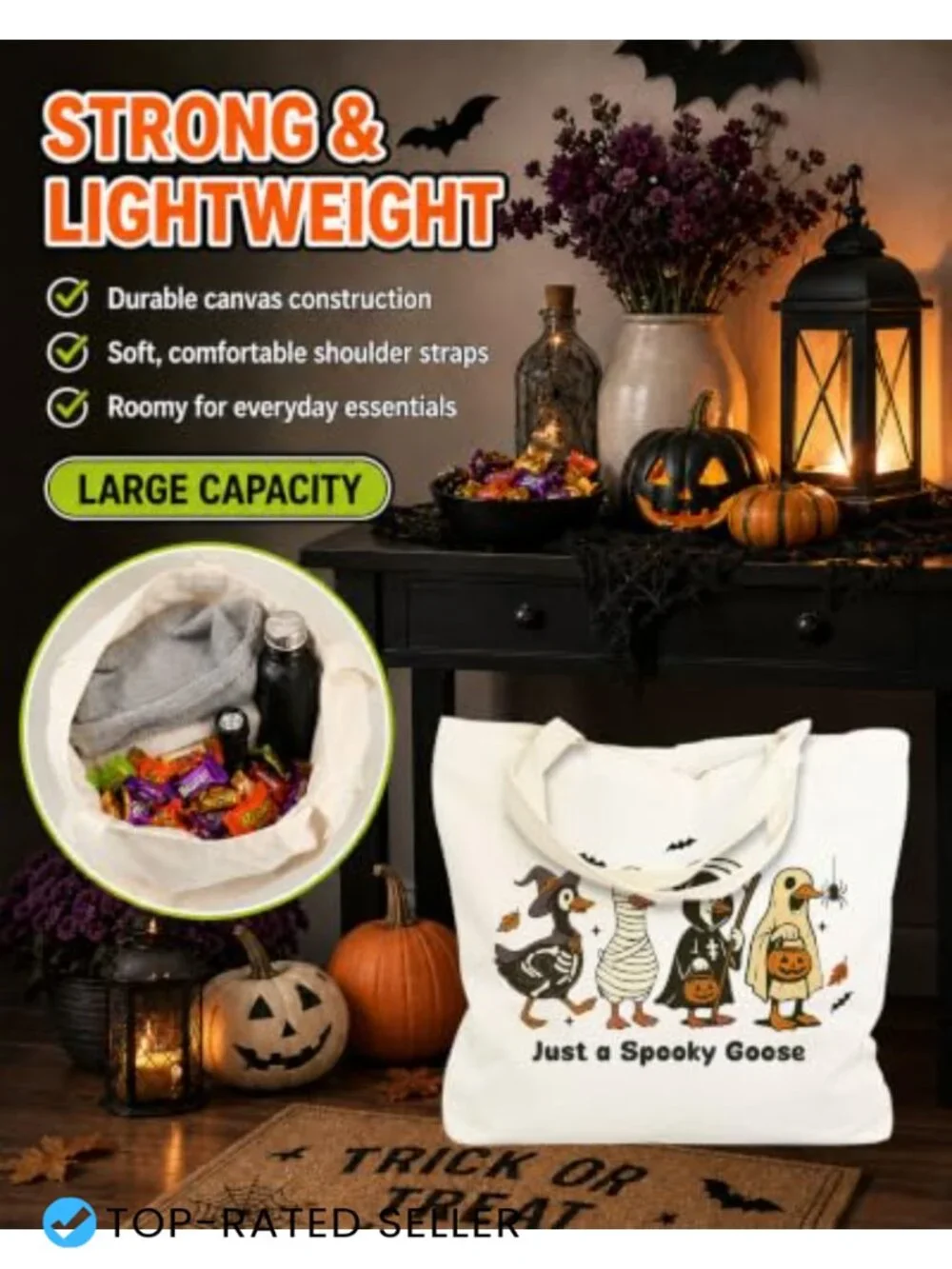 Halloween Skull Canvas Tote Bag - Reusable Large Shoulder Bag